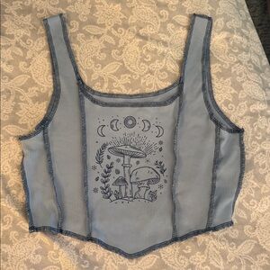 SHEIN Blue Crop Top with Moon and Mushroom Design